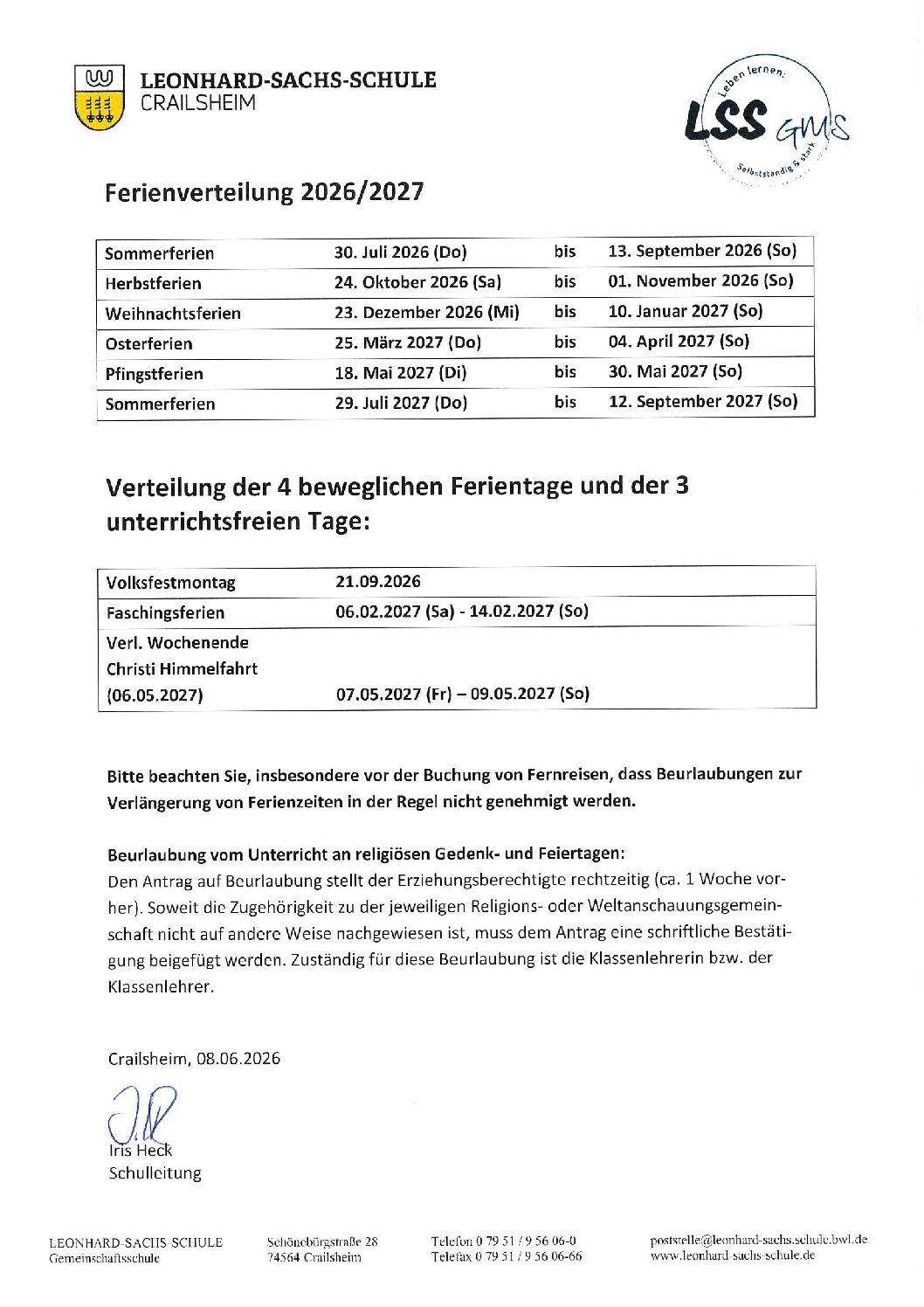 Ferienplan 2026/2027